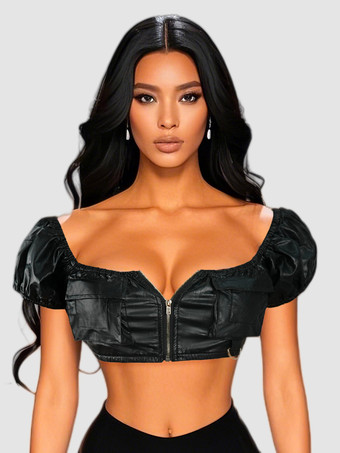 ブラック クラブ2025向けフェイクレザーパフィースリーブクロップトップ