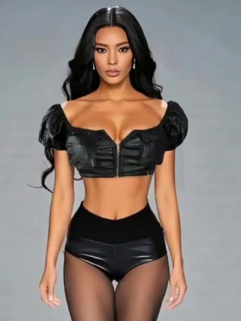 クラブ2025向けフェイクレザーパフィースリーブクロップトップ