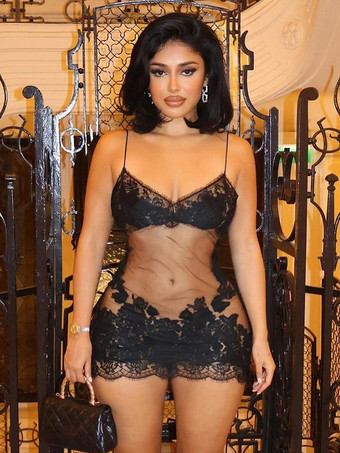 ブラック クラブ2025用レースシアーメッシュボディコンストラップミニドレス