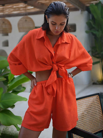 オレンジ2025年レディース向け、無地リラックスフィットカジュアルツーピースコーデセット