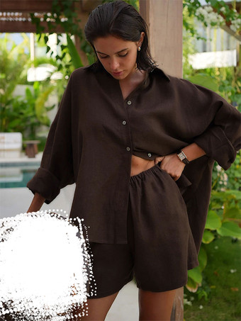 ディープブラウン2025年レディース向け、無地リラックスフィットカジュアルツーピースコーデセット