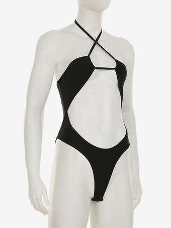 ブラックホルターネックモノキニセクシーカットアウトワンピース水着2025