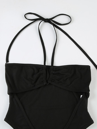 ブラックホルターネックモノキニセクシーカットアウトワンピース水着2025