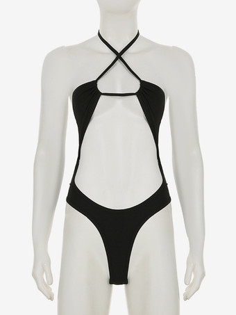 ブラックホルターネックモノキニセクシーカットアウトワンピース水着2025