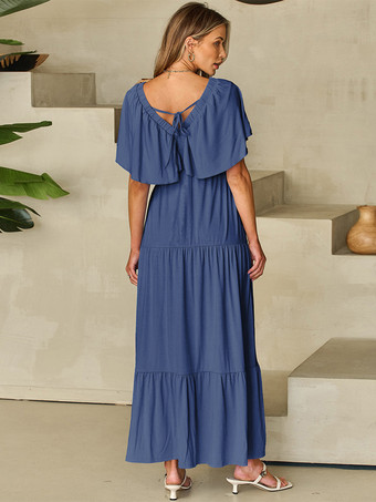 Vネック フラッタースリーブ レイヤード マキシ ボヘミアン ドレス 2025