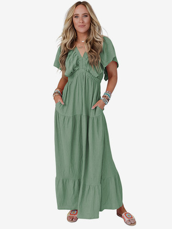 グリーン Vネック フラッタースリーブ レイヤード マキシ ボヘミアン ドレス 2025