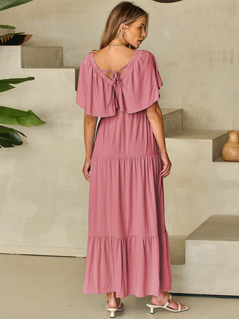 Vネック フラッタースリーブ レイヤード マキシ ボヘミアン ドレス 2025