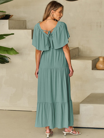 Vネック フラッタースリーブ レイヤード マキシ ボヘミアン ドレス 2025