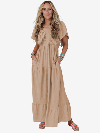 ディープアプリコットVネック フラッタースリーブ レイヤード マキシ ボヘミアン ドレス 2025