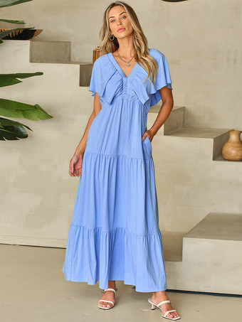 Vネック フラッタースリーブ レイヤード マキシ ボヘミアン ドレス 2025