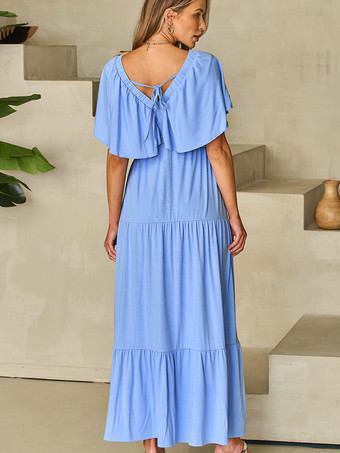 Vネック フラッタースリーブ レイヤード マキシ ボヘミアン ドレス 2025