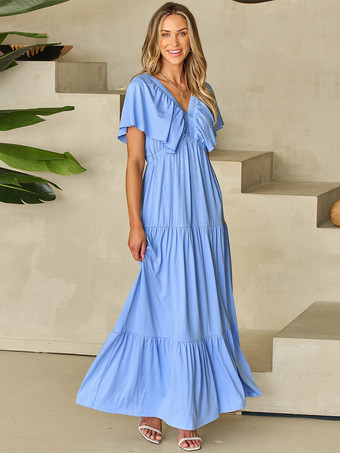 ライトスカイブルーVネック フラッタースリーブ レイヤード マキシ ボヘミアン ドレス 2025