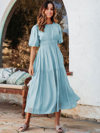 ライトスカイブルーソフトピンクのふわふわ半袖レイヤードミディボヘミアンドレス 2025