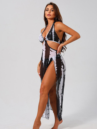 アブストラクトプリントの水着セット ホルターネックビキニとカットアウトカバーアップ 2025