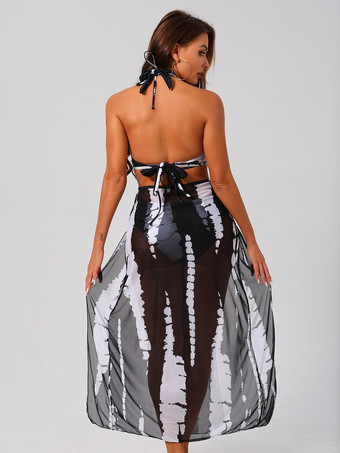 アブストラクトプリントの水着セット ホルターネックビキニとカットアウトカバーアップ 2025