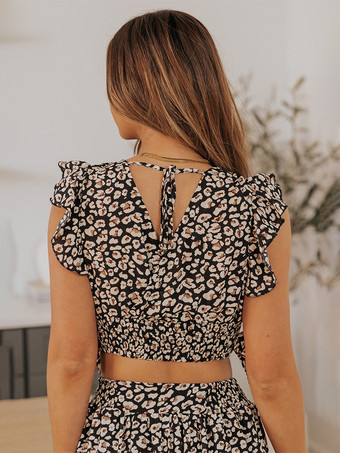 花柄ツーピースコーデセット フラッタースリーブクロップトップとマキシスカート 2025