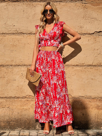 レッド 花柄ツーピースコーデセット フラッタースリーブクロップトップとマキシスカート 2025