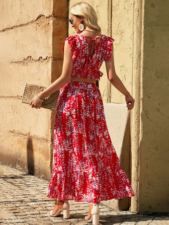 花柄ツーピースコーデセット フラッタースリーブクロップトップとマキシスカート 2025