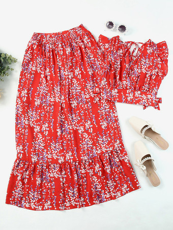 花柄ツーピースコーデセット フラッタースリーブクロップトップとマキシスカート 2025