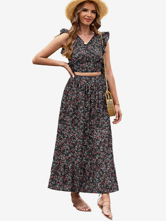 ブラック 花柄ツーピースコーデセット フラッタースリーブクロップトップとマキシスカート 2025