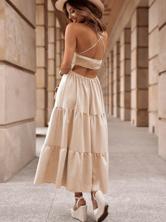 アプリコットストラップオープンバックレイヤードミディドレス 2025