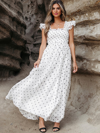 ホワイト フラッタースリーブとスクエアカラーのポルカドット柄マキシボヘミアンドレス 2025
