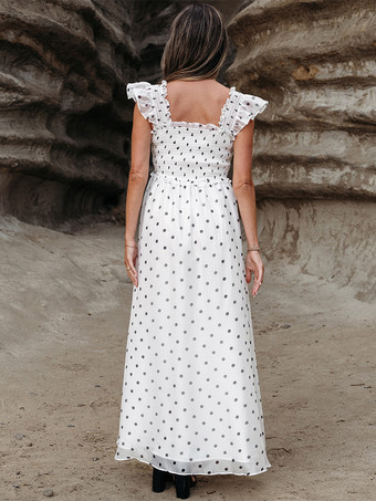 フラッタースリーブとスクエアカラーのポルカドット柄マキシボヘミアンドレス 2025