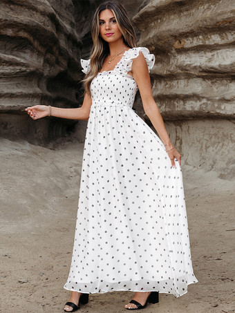 フラッタースリーブとスクエアカラーのポルカドット柄マキシボヘミアンドレス 2025