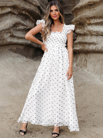 フラッタースリーブとスクエアカラーのポルカドット柄マキシボヘミアンドレス 2025