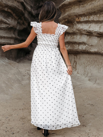 フラッタースリーブとスクエアカラーのポルカドット柄マキシボヘミアンドレス 2025