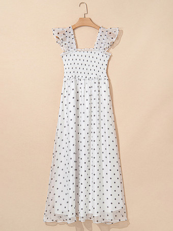 フラッタースリーブとスクエアカラーのポルカドット柄マキシボヘミアンドレス 2025