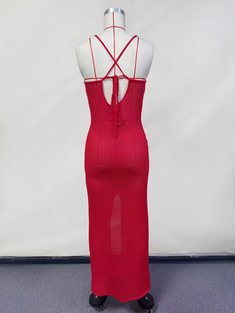 フロントハイスリット入りクロシェVネックマキシドレス 2025