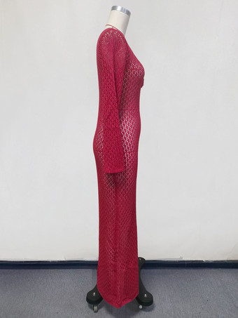 クロシェ編みのマキシドレス 長袖 Vネック 3Dフラワーディテール カバーアップ 2025