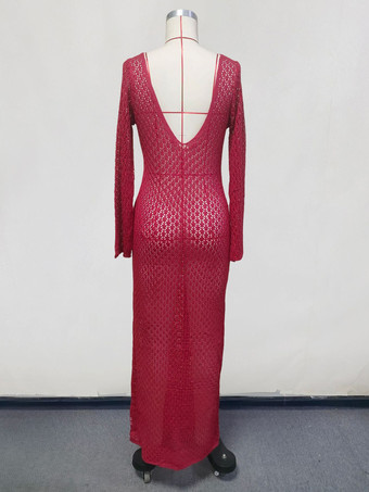 クロシェ編みのマキシドレス 長袖 Vネック 3Dフラワーディテール カバーアップ 2025