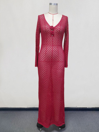 ワインレッド クロシェ編みのマキシドレス 長袖 Vネック 3Dフラワーディテール カバーアップ 2025