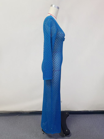 クロシェ編みのマキシドレス 長袖 Vネック 3Dフラワーディテール カバーアップ 2025