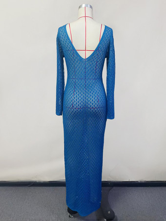 クロシェ編みのマキシドレス 長袖 Vネック 3Dフラワーディテール カバーアップ 2025