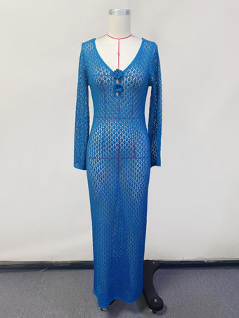 クロシェ編みのマキシドレス 長袖 Vネック 3Dフラワーディテール カバーアップ 2025