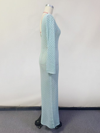 クロシェ編みのマキシドレス 長袖 Vネック 3Dフラワーディテール カバーアップ 2025