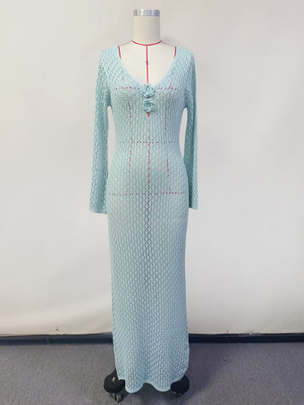 クロシェ編みのマキシドレス 長袖 Vネック 3Dフラワーディテール カバーアップ 2025