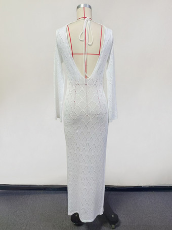 ホワイトクロシェマキシドレス 長袖 Vネック ビーチカバーアップ 2025