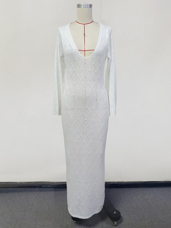 ホワイトクロシェマキシドレス 長袖 Vネック ビーチカバーアップ 2025