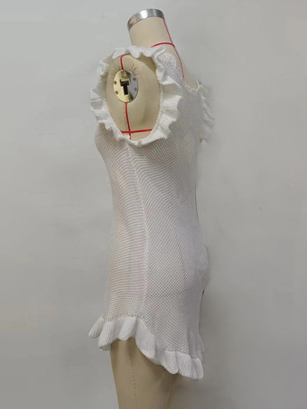 ホワイトクロシェミニドレス フリルスリーブ ボディコンカバーアップ 2025