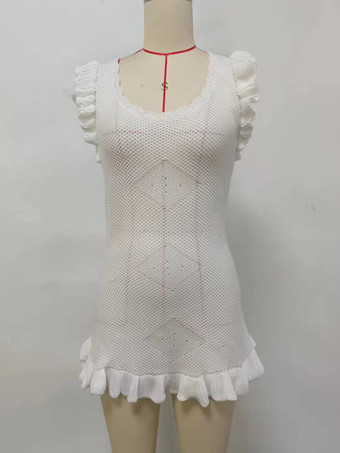 ホワイトクロシェミニドレス フリルスリーブ ボディコンカバーアップ 2025