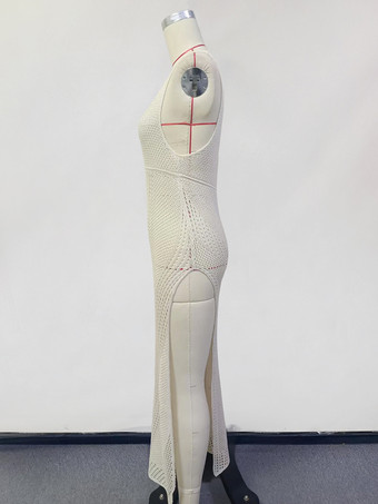 ホワイトクロシェニットマキシワンピース ノースリーブ Vネック ハイスリット ボディコン カバーアップ 2025