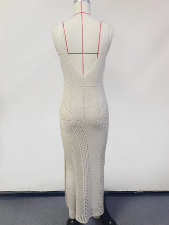 ホワイトクロシェニットマキシワンピース ノースリーブ Vネック ハイスリット ボディコン カバーアップ 2025