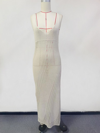 ホワイトクロシェニットマキシワンピース ノースリーブ Vネック ハイスリット ボディコン カバーアップ 2025