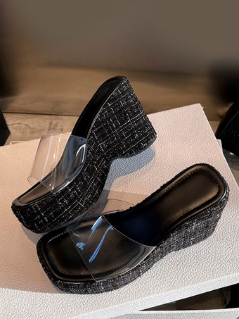 ブラック レディース ウェッジサンダル 透明オープントゥサンダル ウェッジ