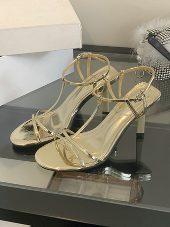 ハイヒールサンダル レオパード柄 オープントゥ Tストラップ スティレットヒール サンダルシューズ