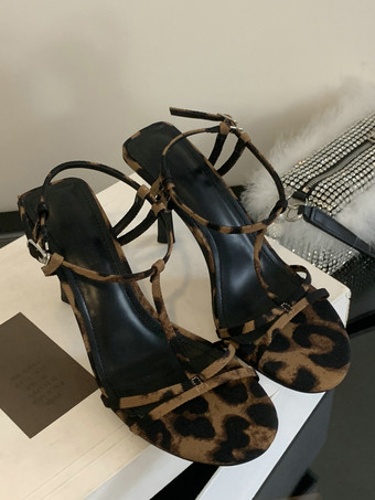 ハイヒールサンダル レオパード柄 オープントゥ Tストラップ スティレットヒール サンダルシューズ